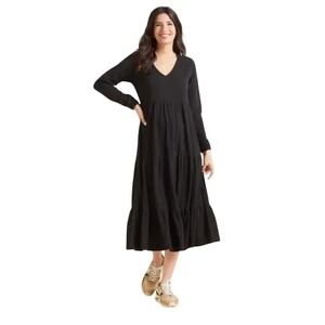 Z Supply Bailey Black Long Sleeve V Neck‎ Tiered Casual Midi Dress Womens S